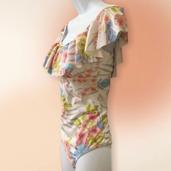 RAISINS Floral Off the Shoulder‎ Floral One Piece Ruffled Swimsuit Med - Picture 5 of 14